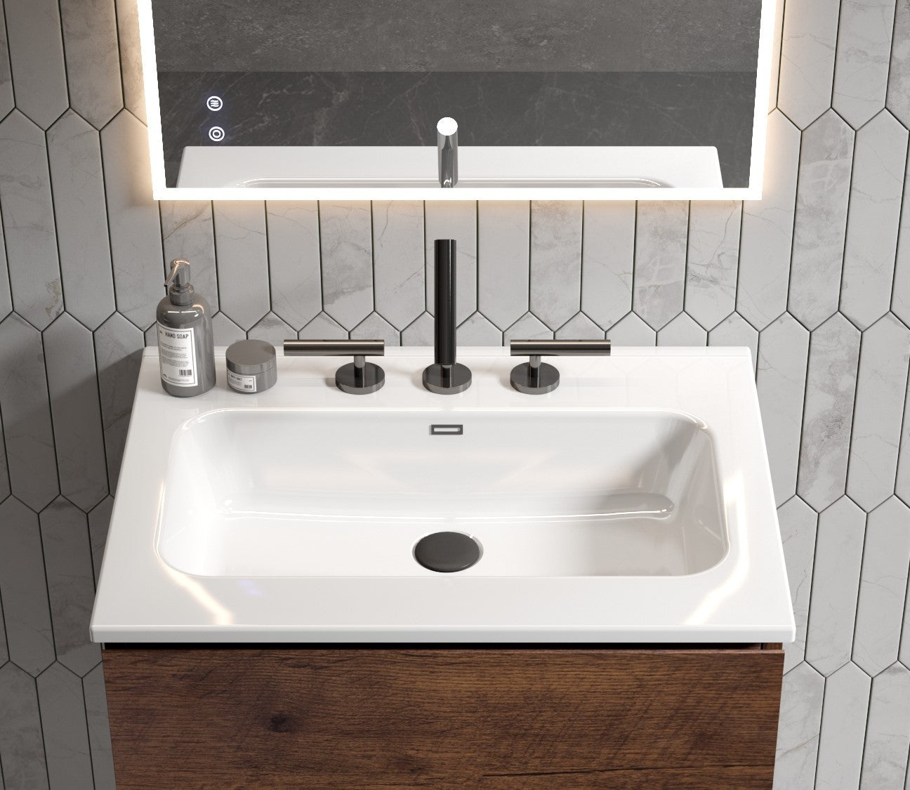 BB0924Y331, Integrated white ceramic basin with three predrilled faucet holes, drain assembly NOT included