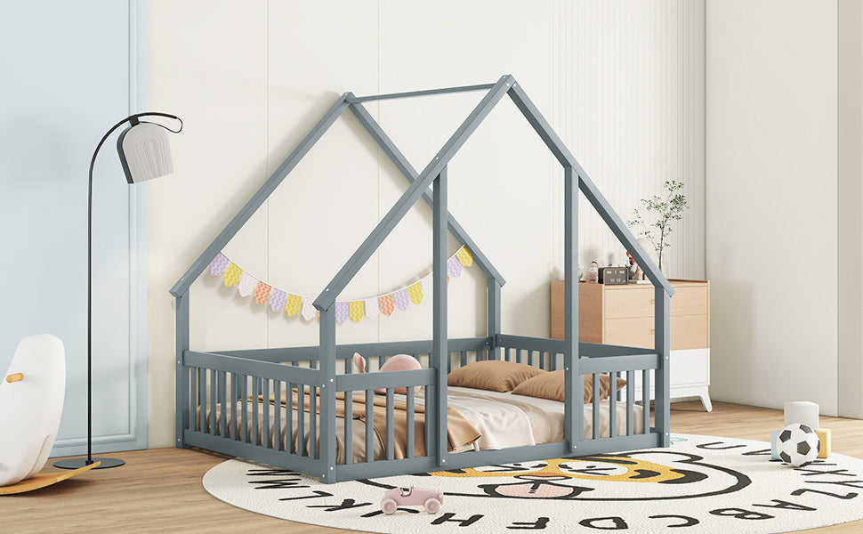 Full Wood House-Shaped Floor Bed with Fence, Guardrails,Grey