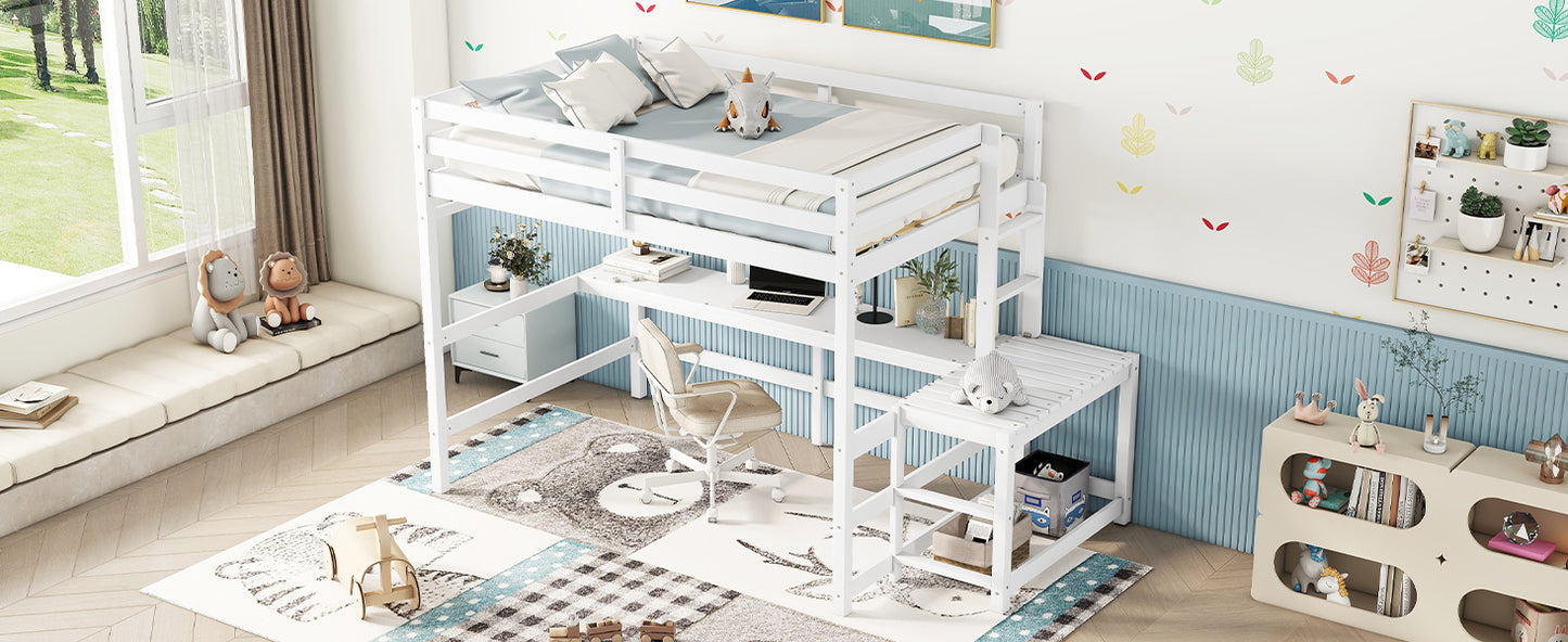 Full Loft Bed with Built-in Desk, Ladder Platform, Ladders, Guardrails,White