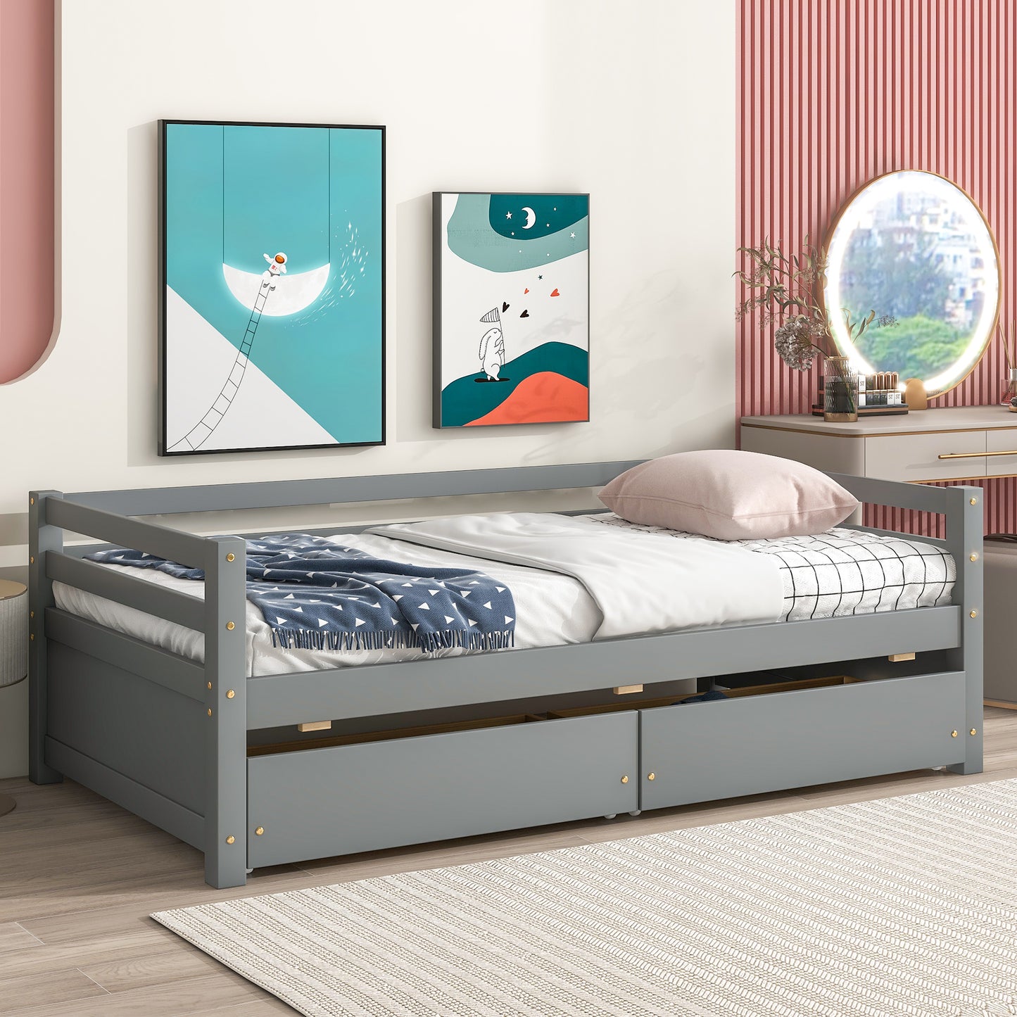 Grey Daybed with Storage Drawers, Wood Full Bed Frame with Built-in End Table for Bedroom, Living Room