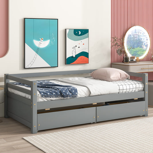 Grey Daybed with Storage Drawers, Wood Full Bed Frame with Built-in End Table for Bedroom, Living Room