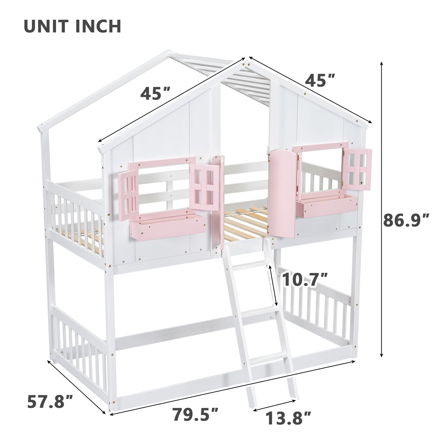 Twin over Twin House Bunk Bed with Roof , Window, Window  Box, Door , with Safety Guardrails and Ladder, Pink/White