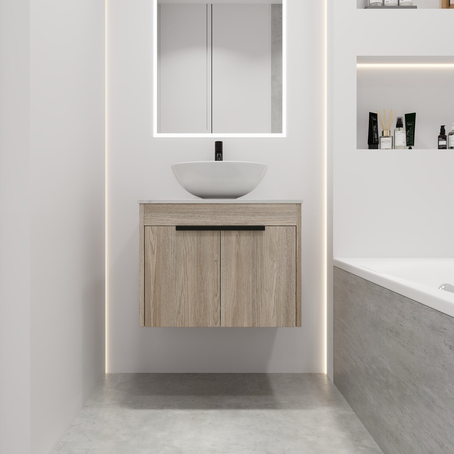 24 " Modern Design Float Bathroom Vanity With Ceramic Basin Set,  Wall Mounted White Oak Vanity  With Soft Close Door,KD-Packing,KD-Packing,2 Pieces Parcel(TOP-BAB321MOWH)