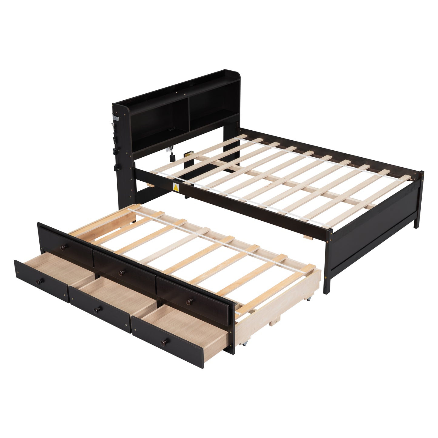 Full Size Bed with USB & Type-C Ports, LED light, Bookcase Headboard, Trundle and 3 Storage Drawers , Full Size Size Bed with  Bookcase Headboard, Trundle and Storage drawers,Espresso