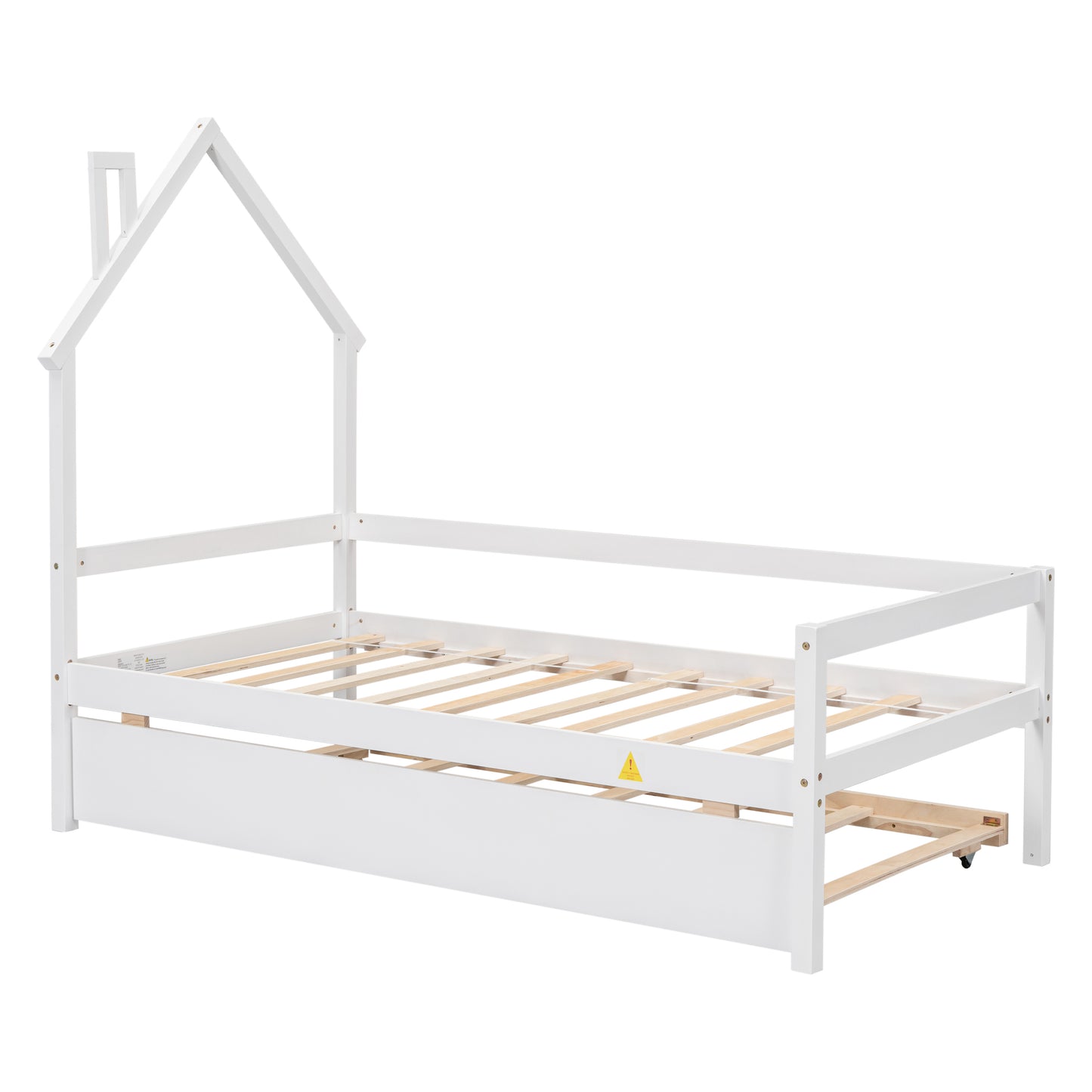 Twin House Wooden Daybed with trundle, Twin House-Shaped Headboard  bed with Guardrails,White