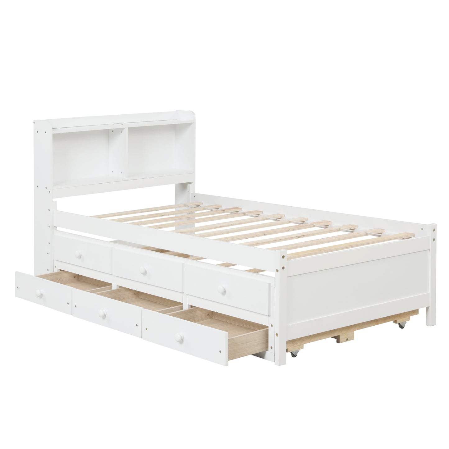 Twin Bed with Bookcase,Twin Trundle,Drawers,White