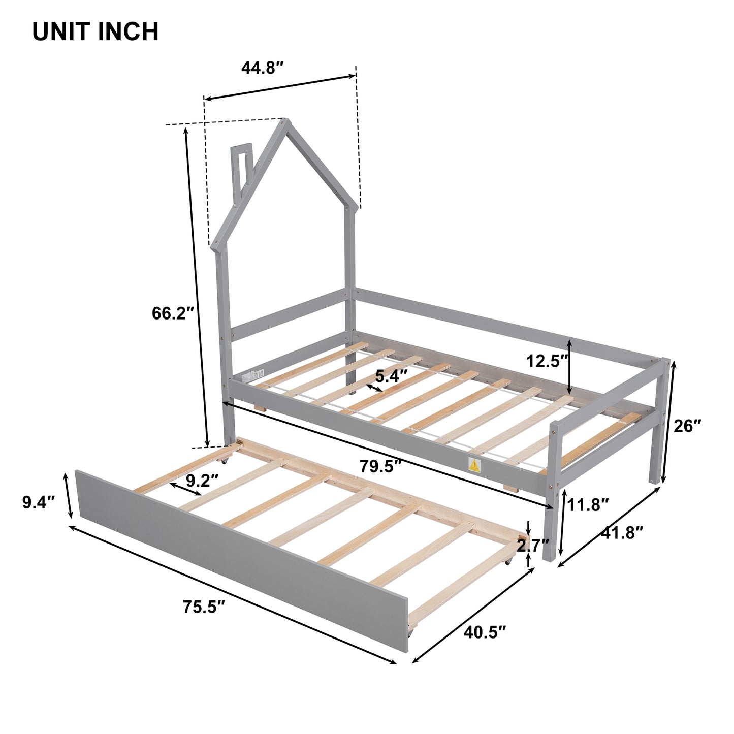 Twin House Wooden Daybed with trundle, Twin House-Shaped Headboard  bed with Guardrails,Grey