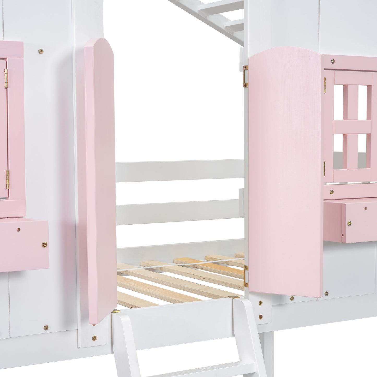 Twin over Twin House Bunk Bed with Roof , Window, Window  Box, Door , with Safety Guardrails and Ladder, Pink/White