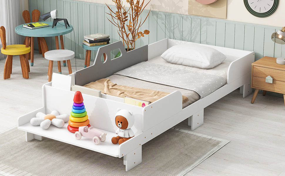 Mesvin Platform Storage Bed Car-Shaped Twin Wood Kid Bed with Bench,White