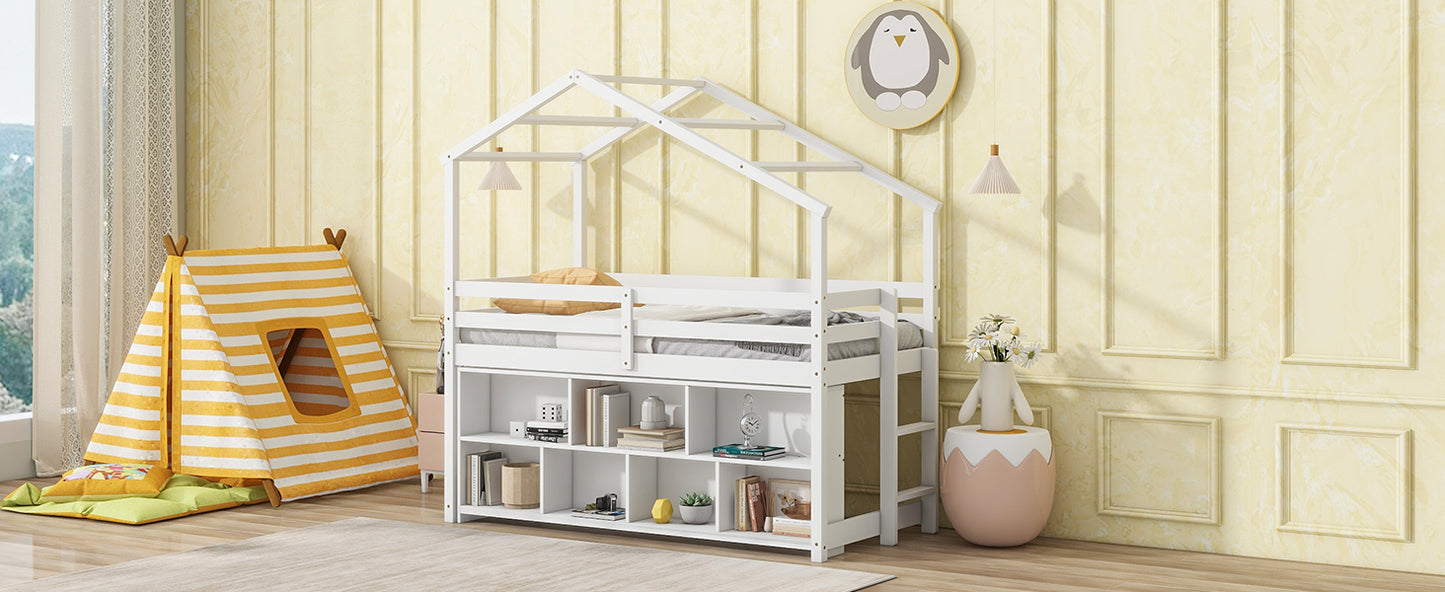 Twin House Loft Bed with Roof Frame, Under Bed Shelving Storage Unit, Guardrails, Ladder,White