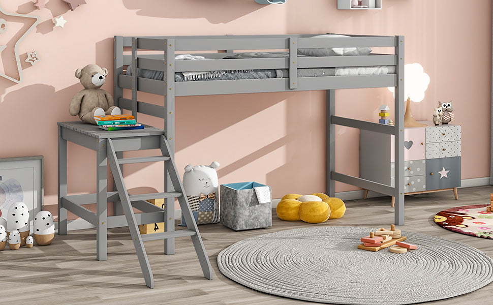 Twin Loft Bed with Platform,ladder,Grey