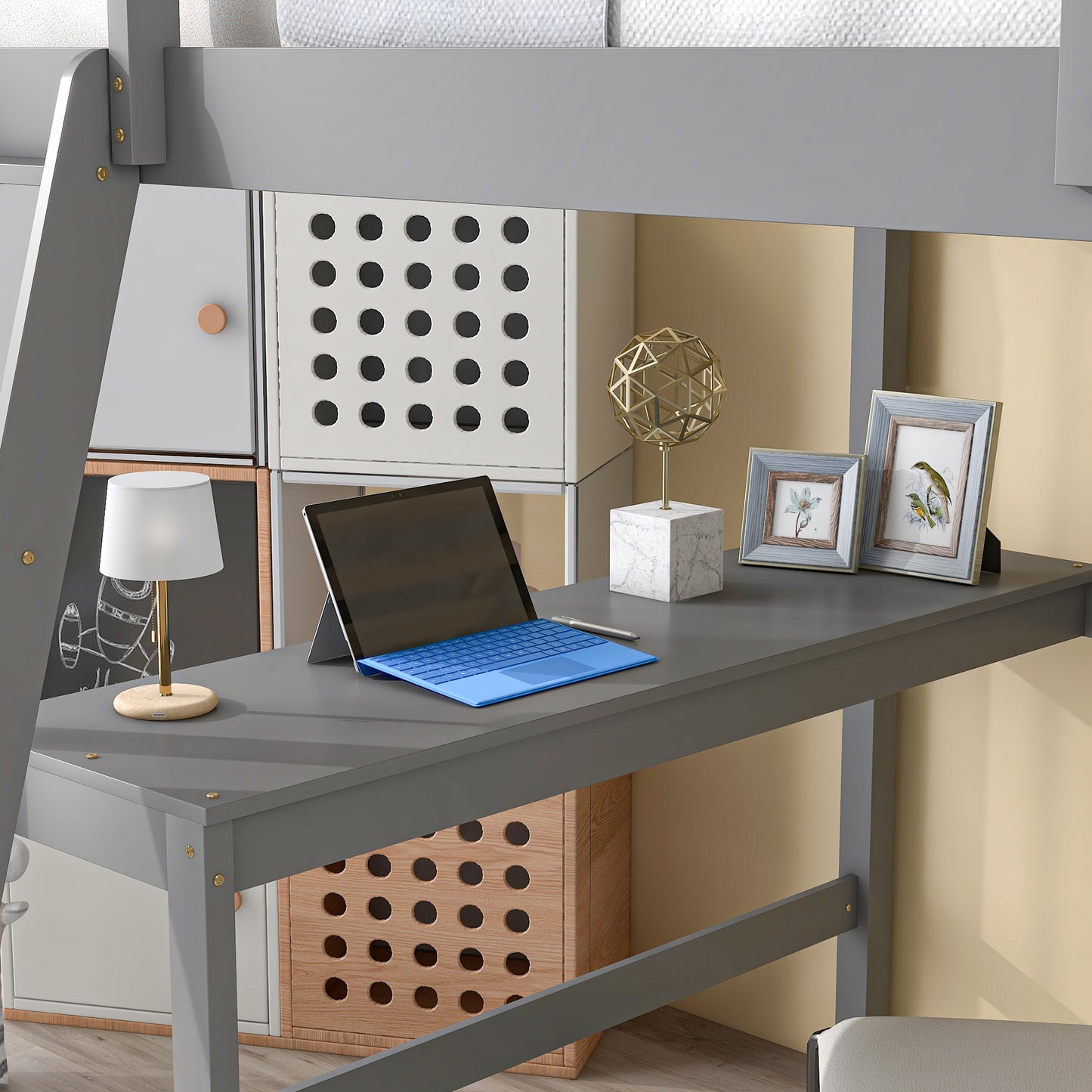 Loft Bed Full with desk,ladder,shelves , Grey