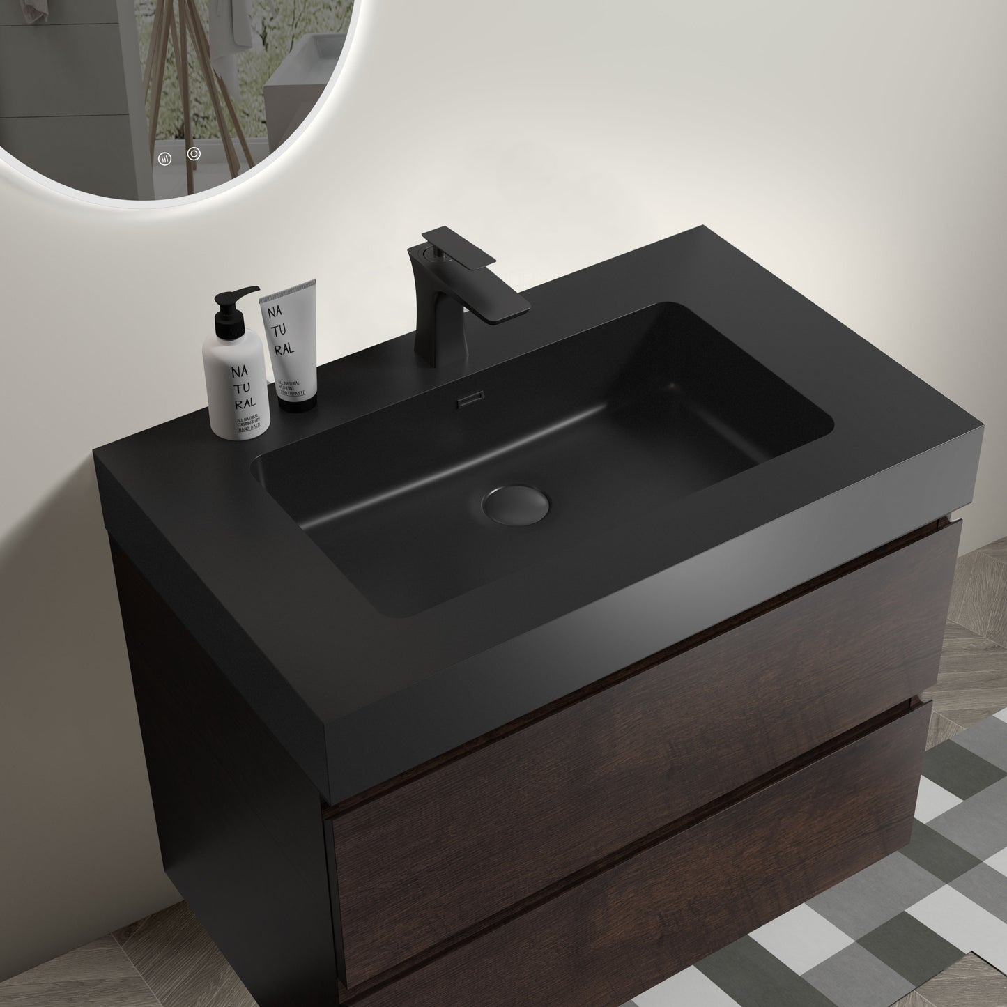 BB02-30-109, Integrated engineered quartz basin WITHOUT drain and faucet, matt black color