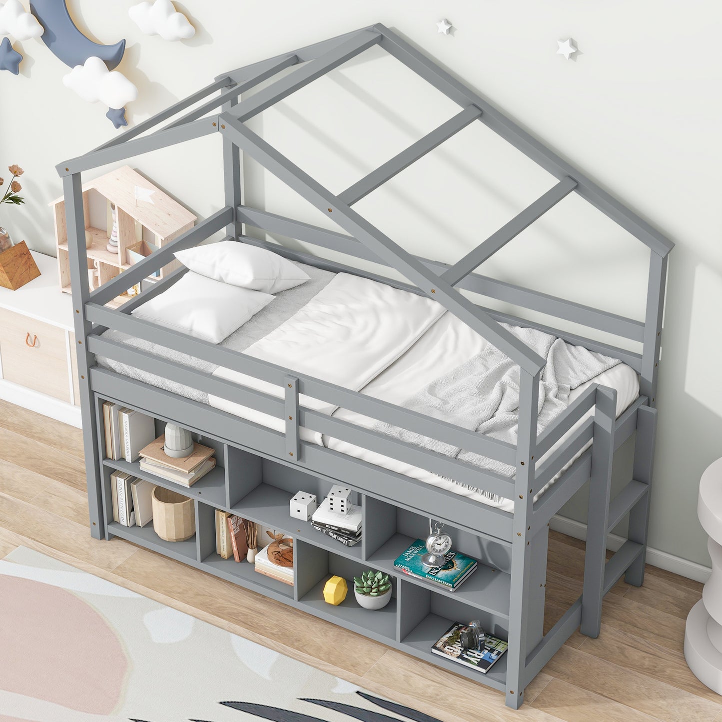 Twin House Loft Bed with Roof Frame, Under Bed Shelving Storage Unit, Guardrails, Ladder,Grey