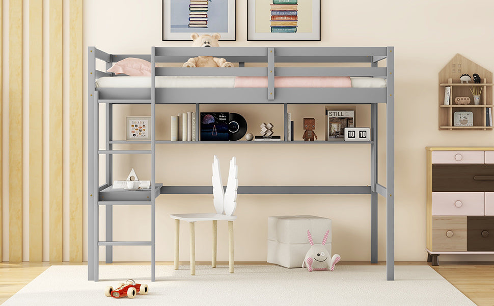 Twin Loft Bed with built-in desk and bookcase of three compartments, Guardrails and Ladder,Grey