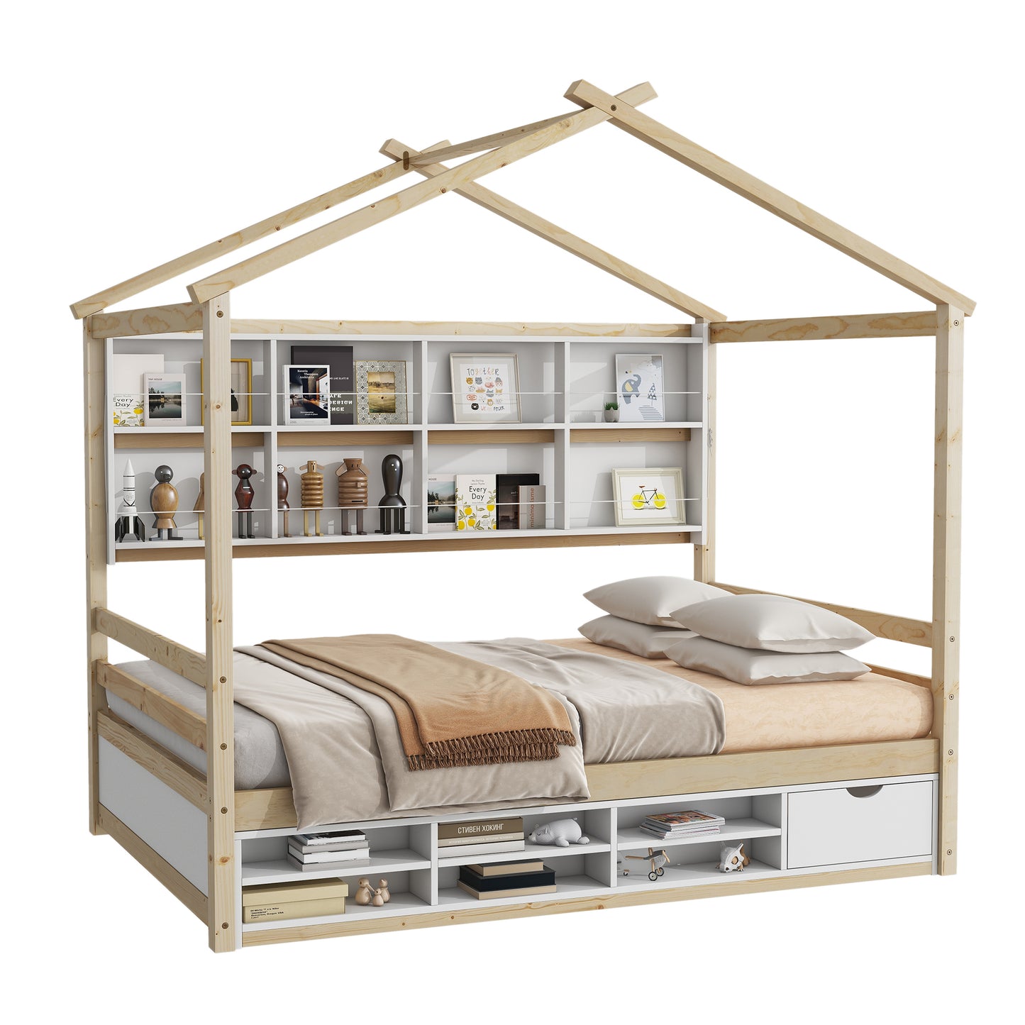 Full House Bed with Roof Frame, Bedside-shelves, Under Bed Storage Unit,Natural