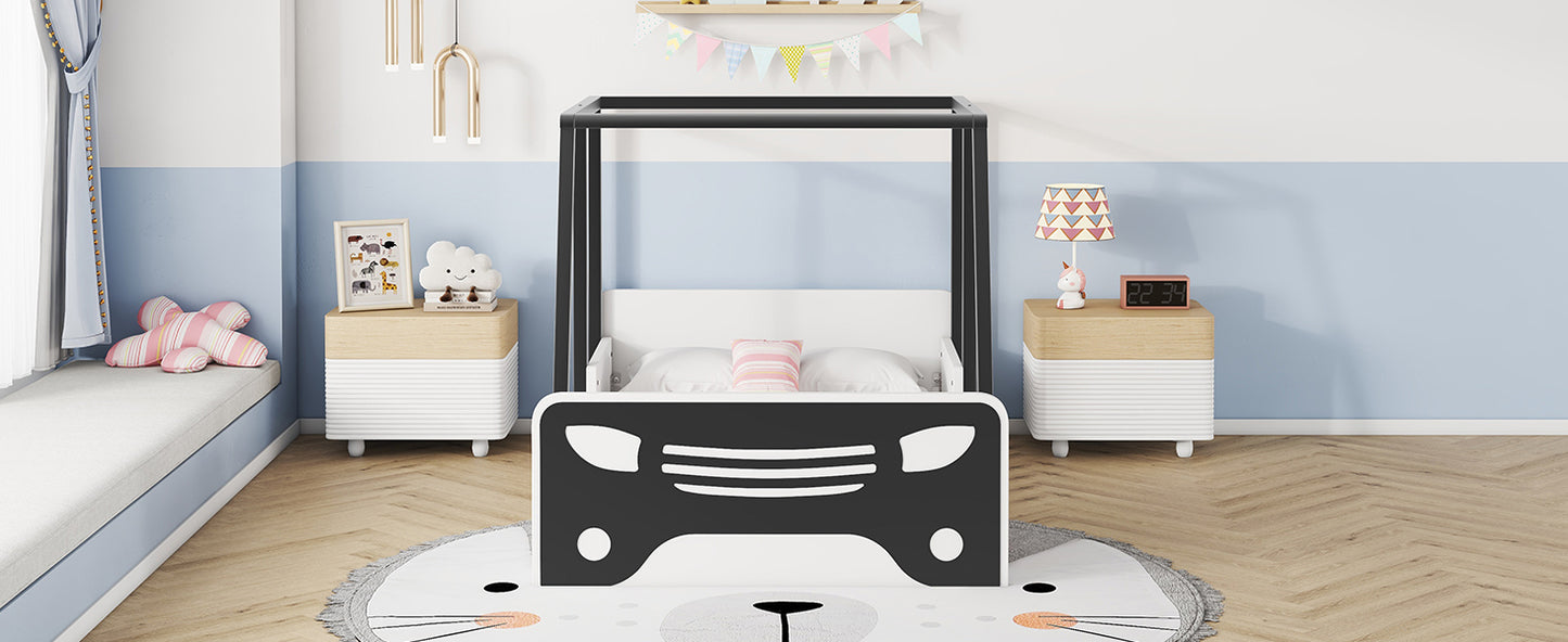 Twin Size Car-shaped Bed with Roof,Wooden Twin Floor Bed with wheels and door Design,Montessori Inspired Bedroom,Black