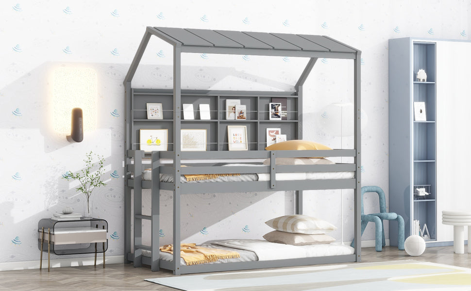 Twin House Loft Bed with Guardrails, Semi-enclosed Roof, Bedside Shelves and Ladder, Grey