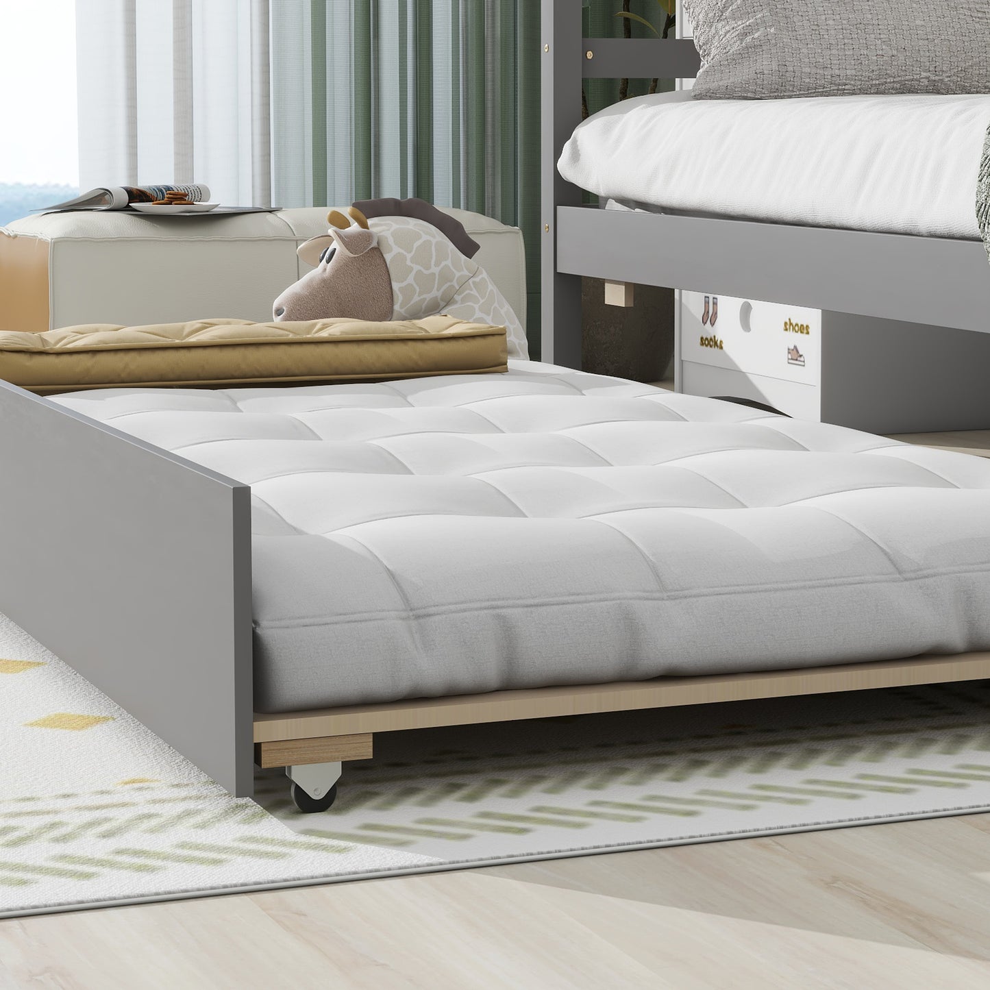 Twin House Wooden Daybed with trundle, Twin House-Shaped Headboard  bed with Guardrails,Grey