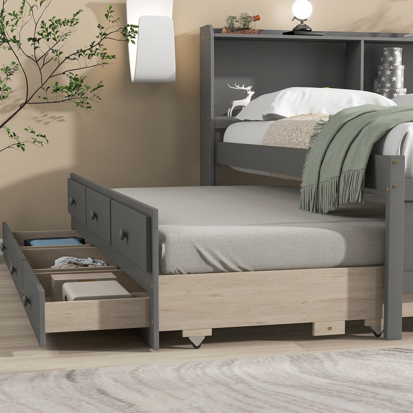 Full Bed with Bookcase,Twin Trundle,Drawers,Grey