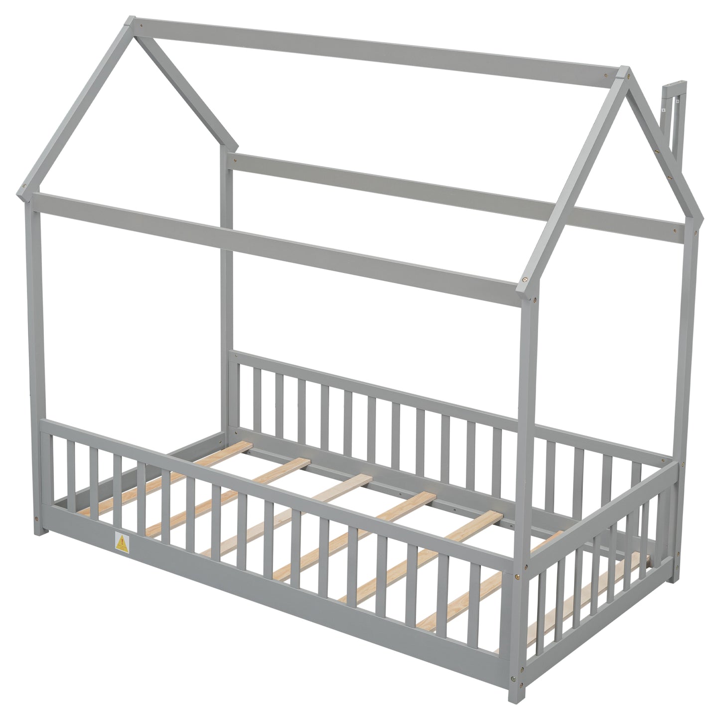 Twin House Bed with Guardrails, Slats ,Grey