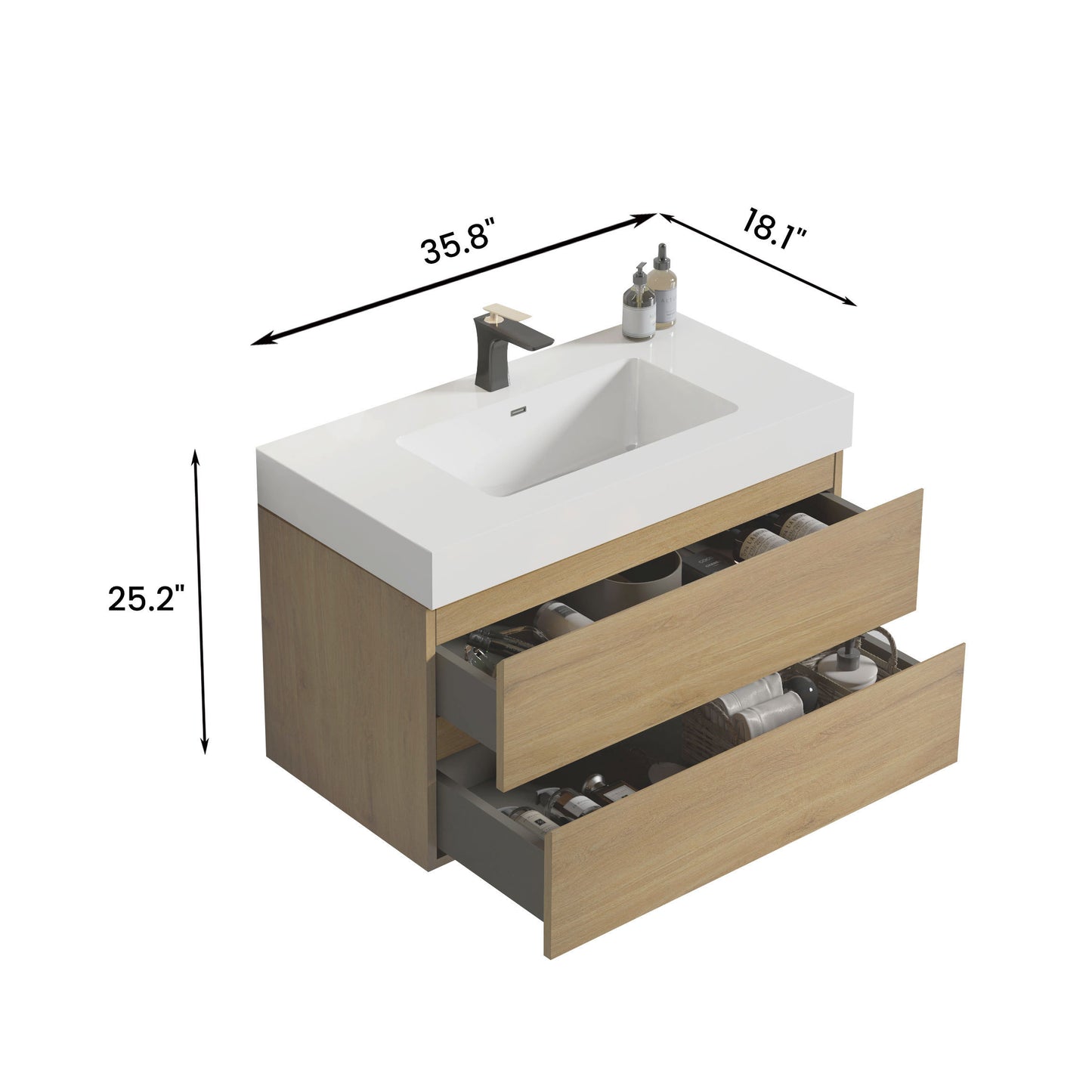 U042-Alice36-106 Alice 36" Oak Bathroom Vanity with Black Sink, Large Storage Wall Mounted Floating Bathroom Vanity for Modern Bathroom, One-Piece Black Sink Basin without Drain, Pre-assembled