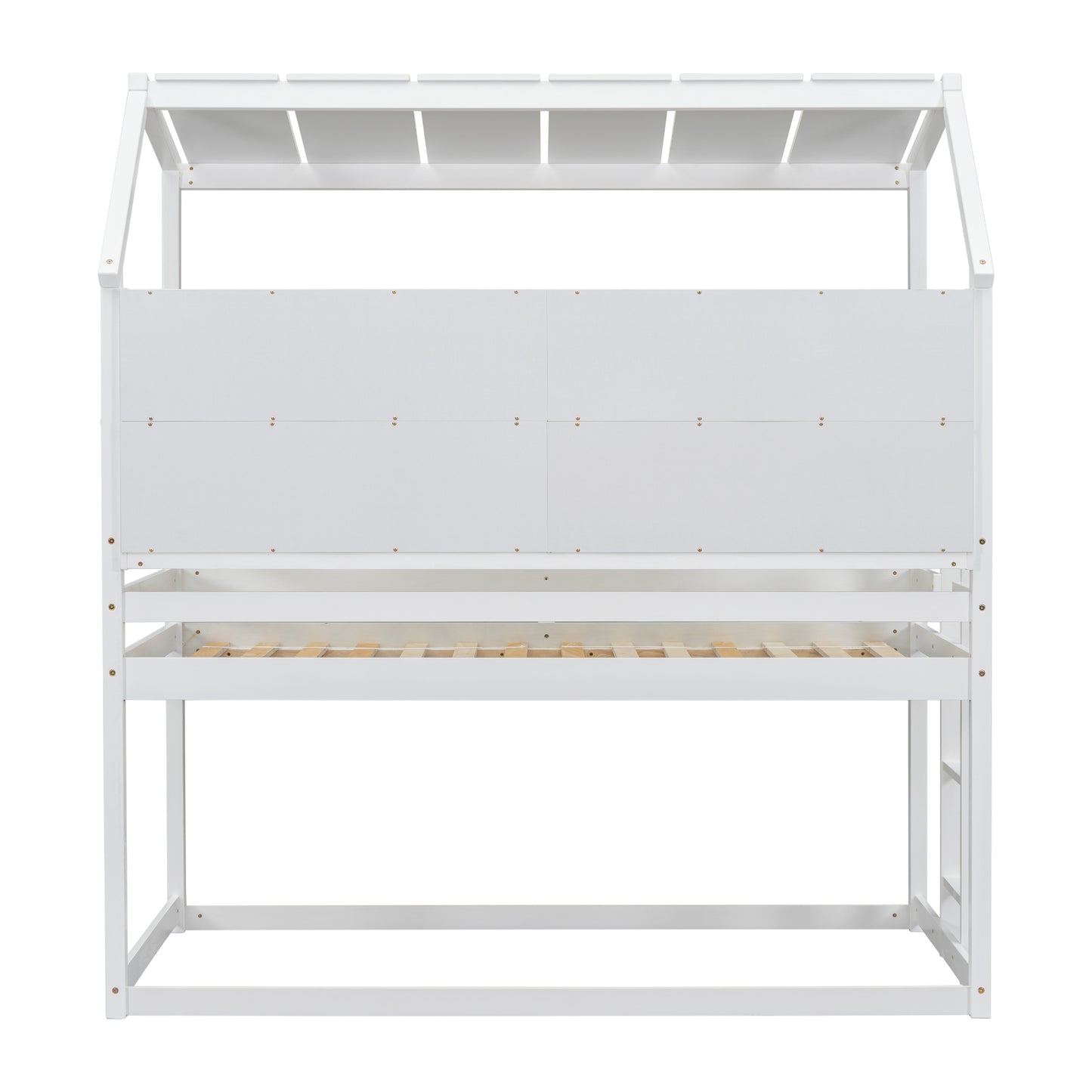 Twin House Loft Bed with Guardrails, Semi-enclosed Roof, Bedside Shelves and Ladder, White