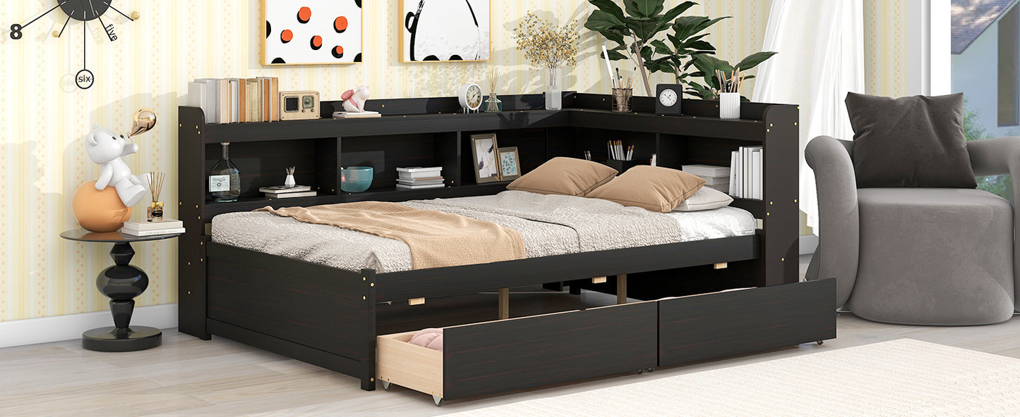 Full Bed with L-shaped Bookcases, Drawers ,Espresso