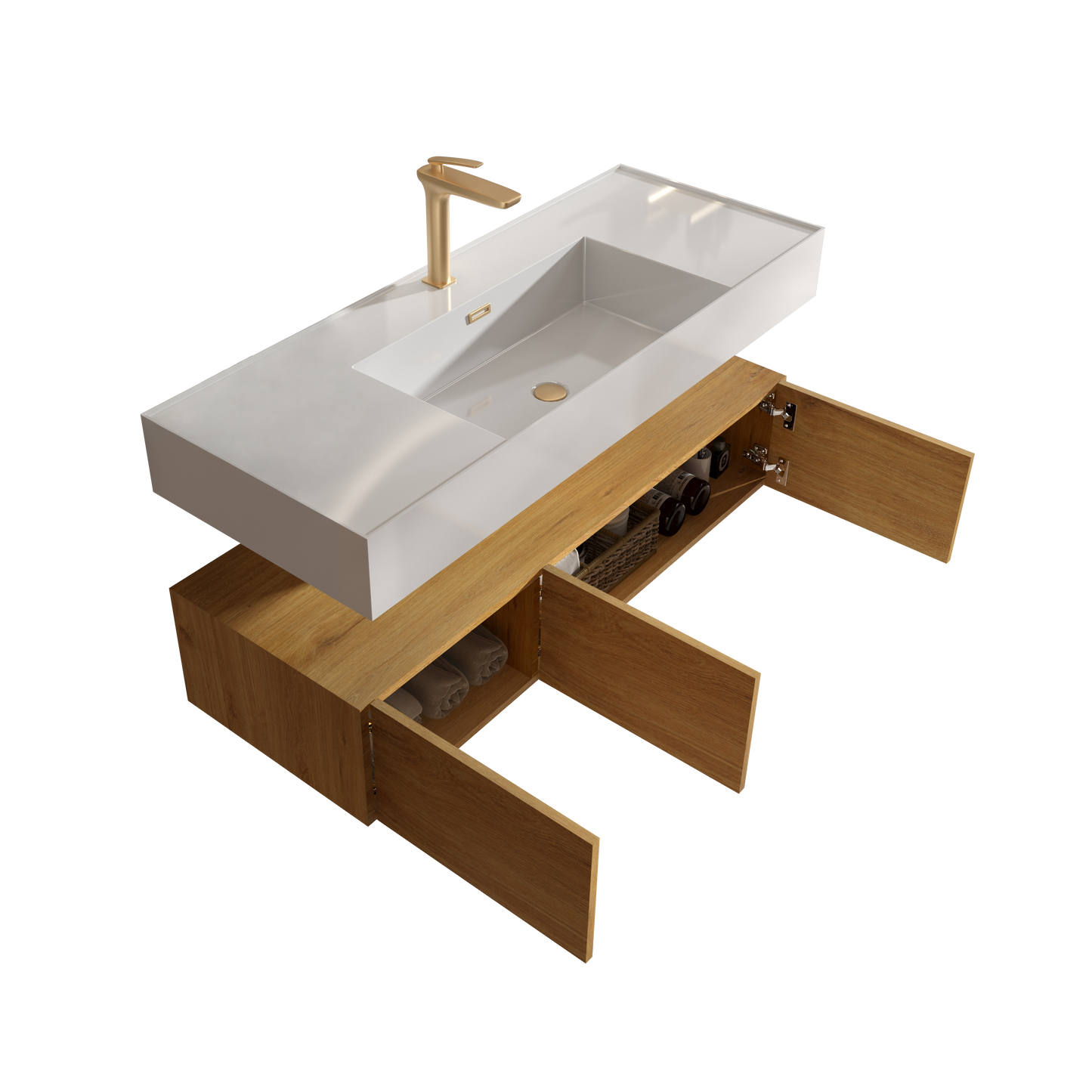 U065-Flora48W-106 Floating Bathroom Sink with Storage Cabinet, Natural Oak Wall-mounted Basin with Cabinet with 3 Soft Close Doors