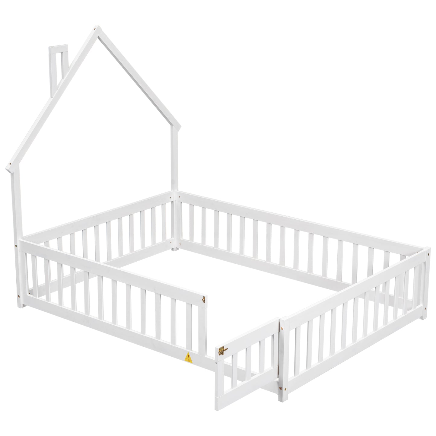 Full House-Shaped Headboard Floor Bed with Fence ,White