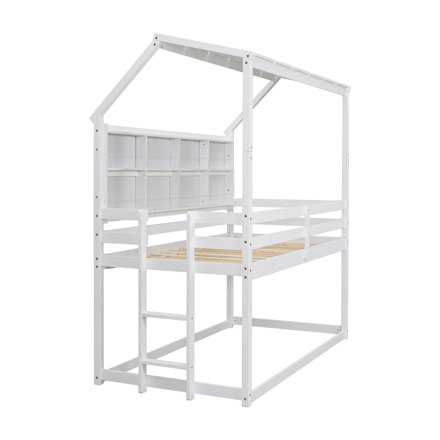 Twin House Loft Bed with Guardrails, Semi-enclosed Roof, Bedside Shelves and Ladder, White