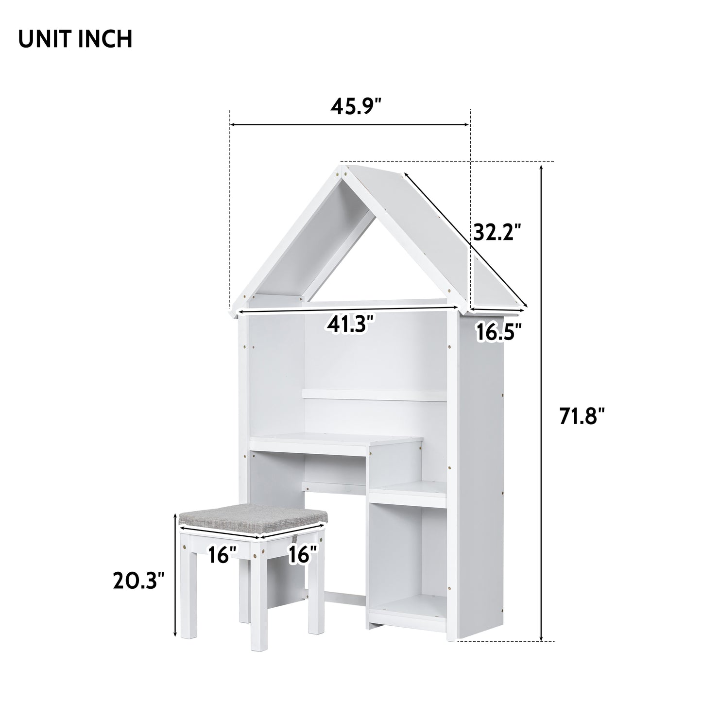 House-Shaped Kids Desk with a cushion stool,House-Style Desk and Stool Set,White