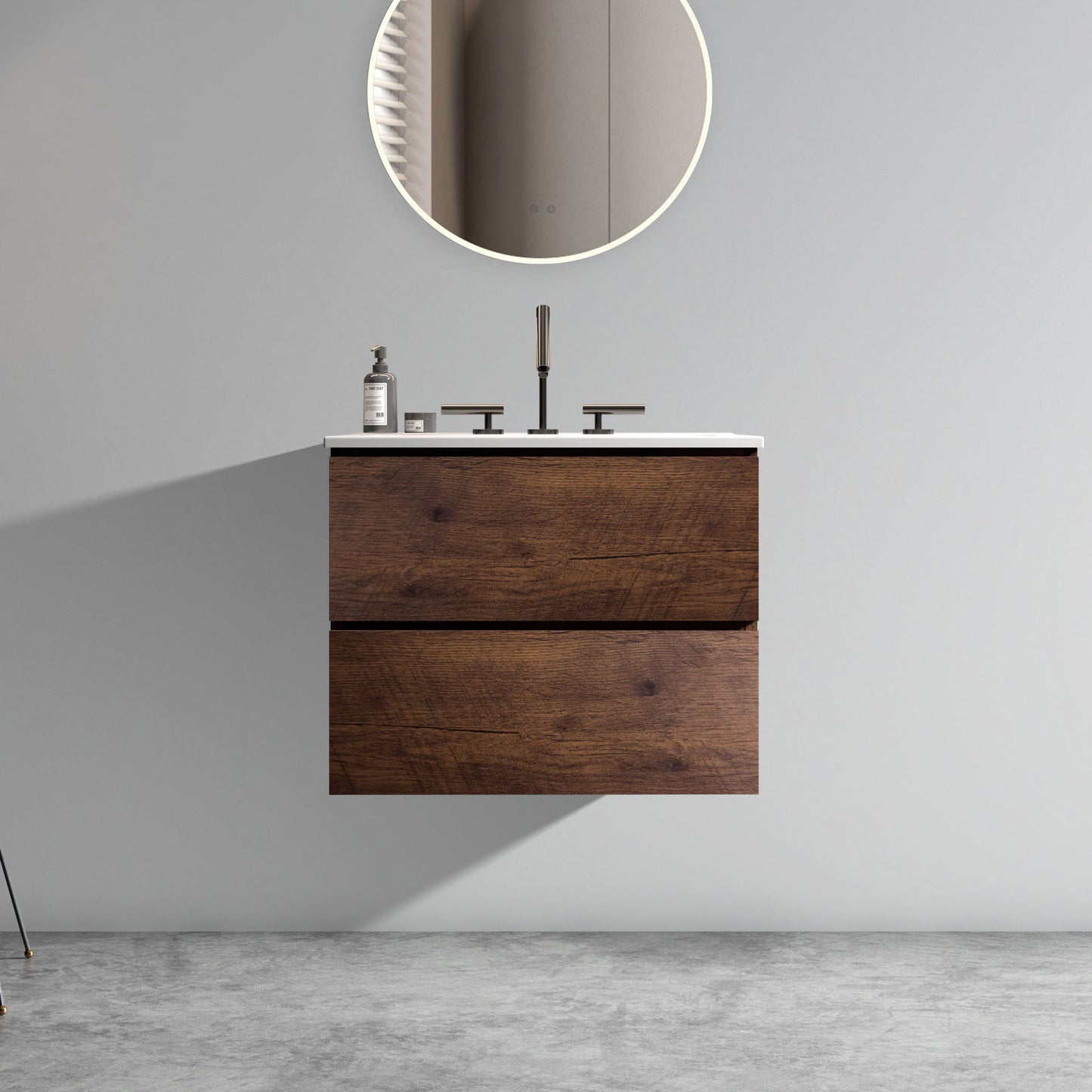 Wall Mount 24" Walnut Bathroom Vanity with Ceramic Sink with three faucet holes, Large Storage Floating Bathroom Vanity for Modern Bathroom, One-Piece Sink Basin without Drain, Pre-assembled