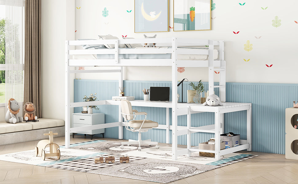 Full Loft Bed with Built-in Desk, Ladder Platform, Ladders, Guardrails,White