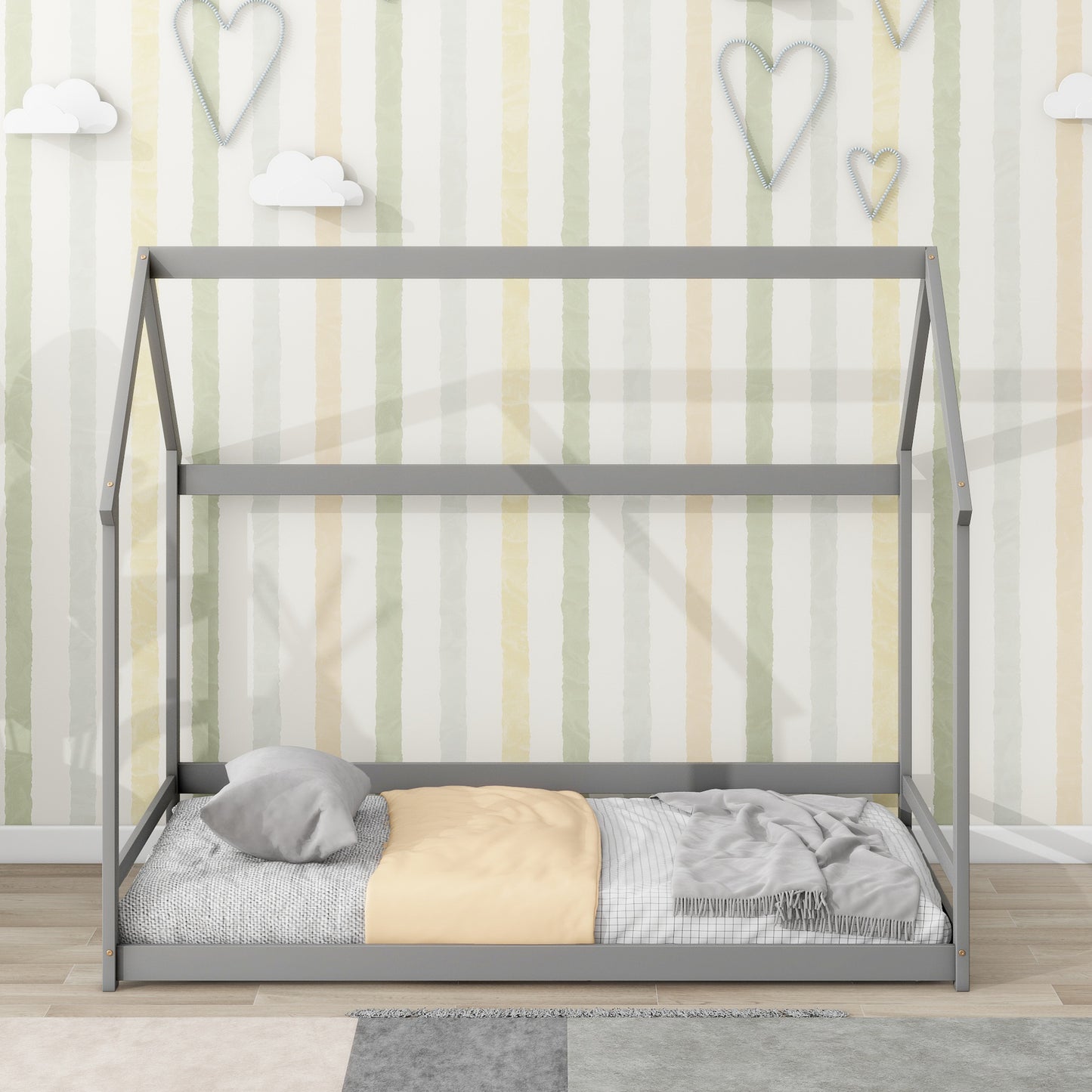 Twin size wood house bed with storage shelf and hanger ,kids bedroom set,Grey