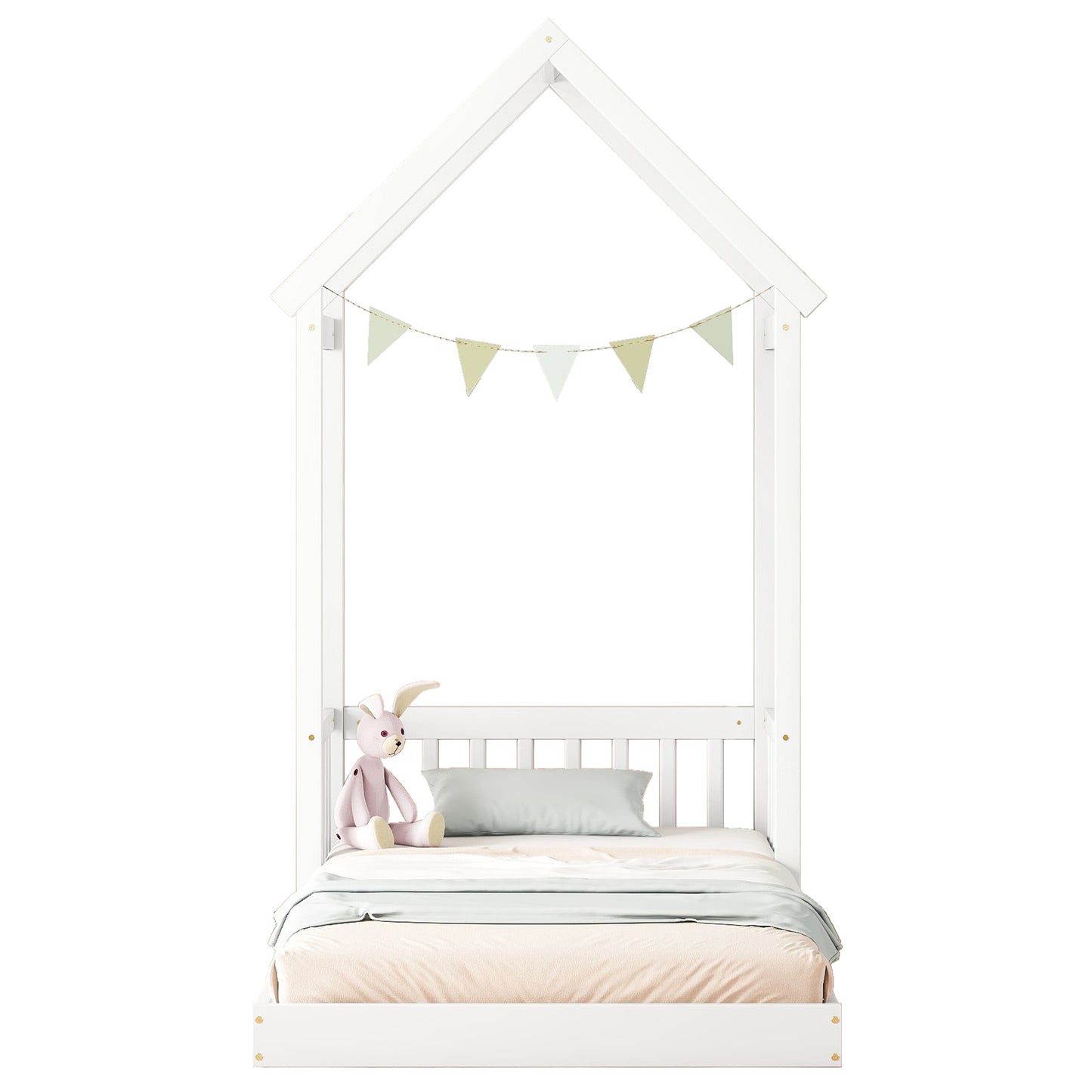 Twin House-shaped Roof Headboard Floor Bed,,(without slats),White