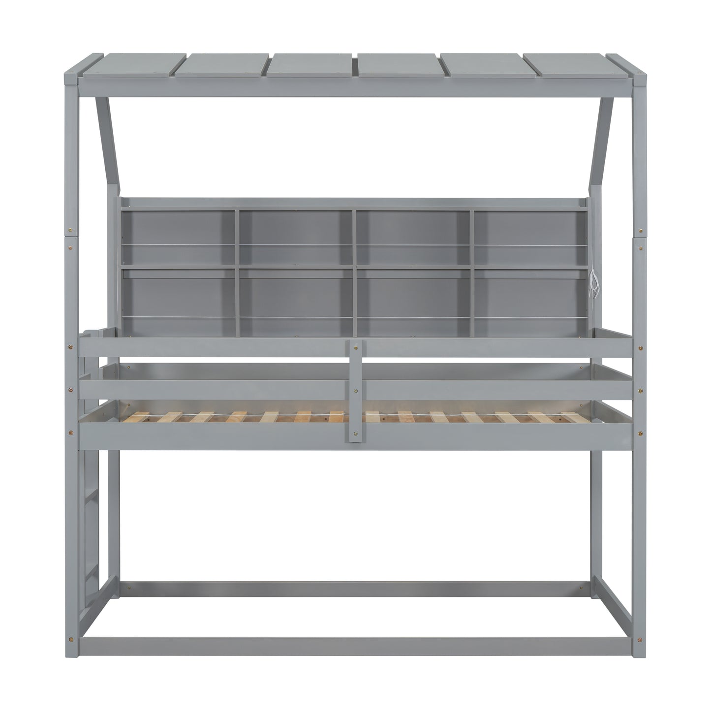 Twin House Loft Bed with Guardrails, Semi-enclosed Roof, Bedside Shelves and Ladder, Grey