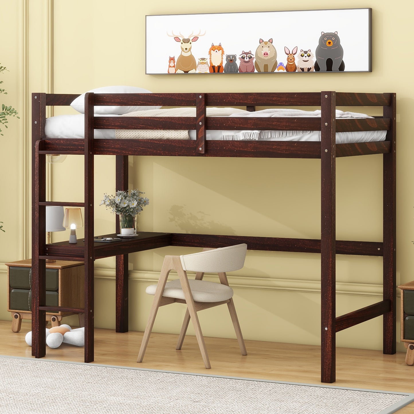 Twin Loft Bed with  built-in desk,Espresso