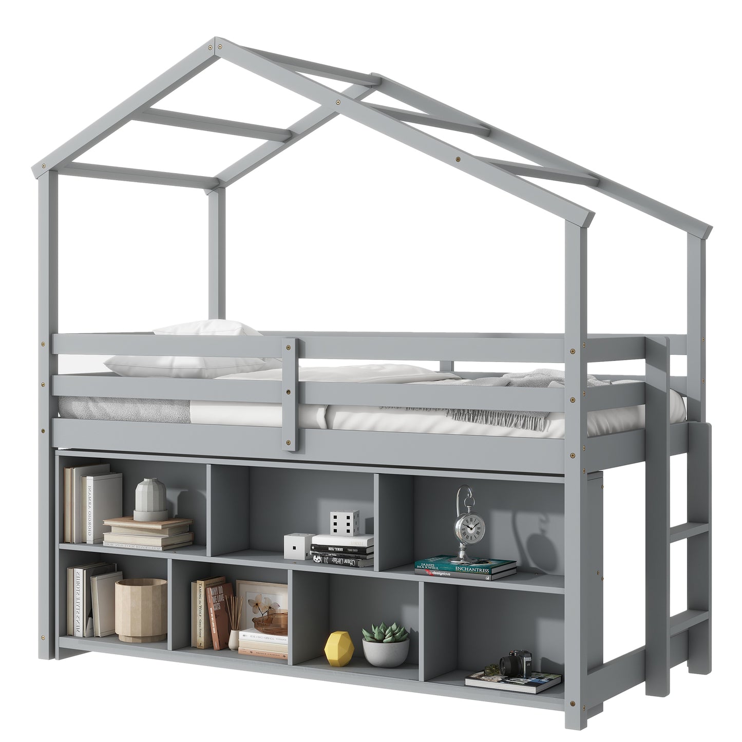 Twin House Loft Bed with Roof Frame, Under Bed Shelving Storage Unit, Guardrails, Ladder,Grey