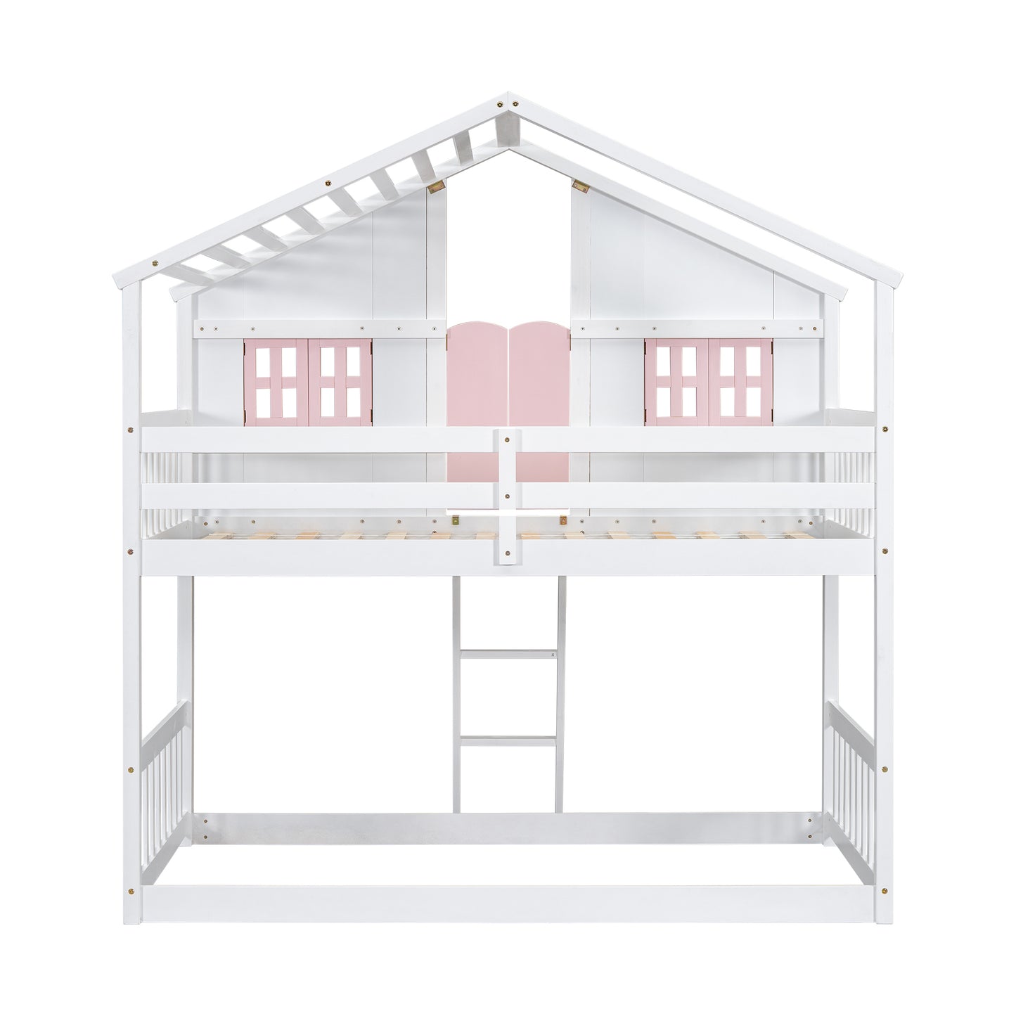 Twin over Twin House Bunk Bed with Roof , Window, Window  Box, Door , with Safety Guardrails and Ladder, Pink/White