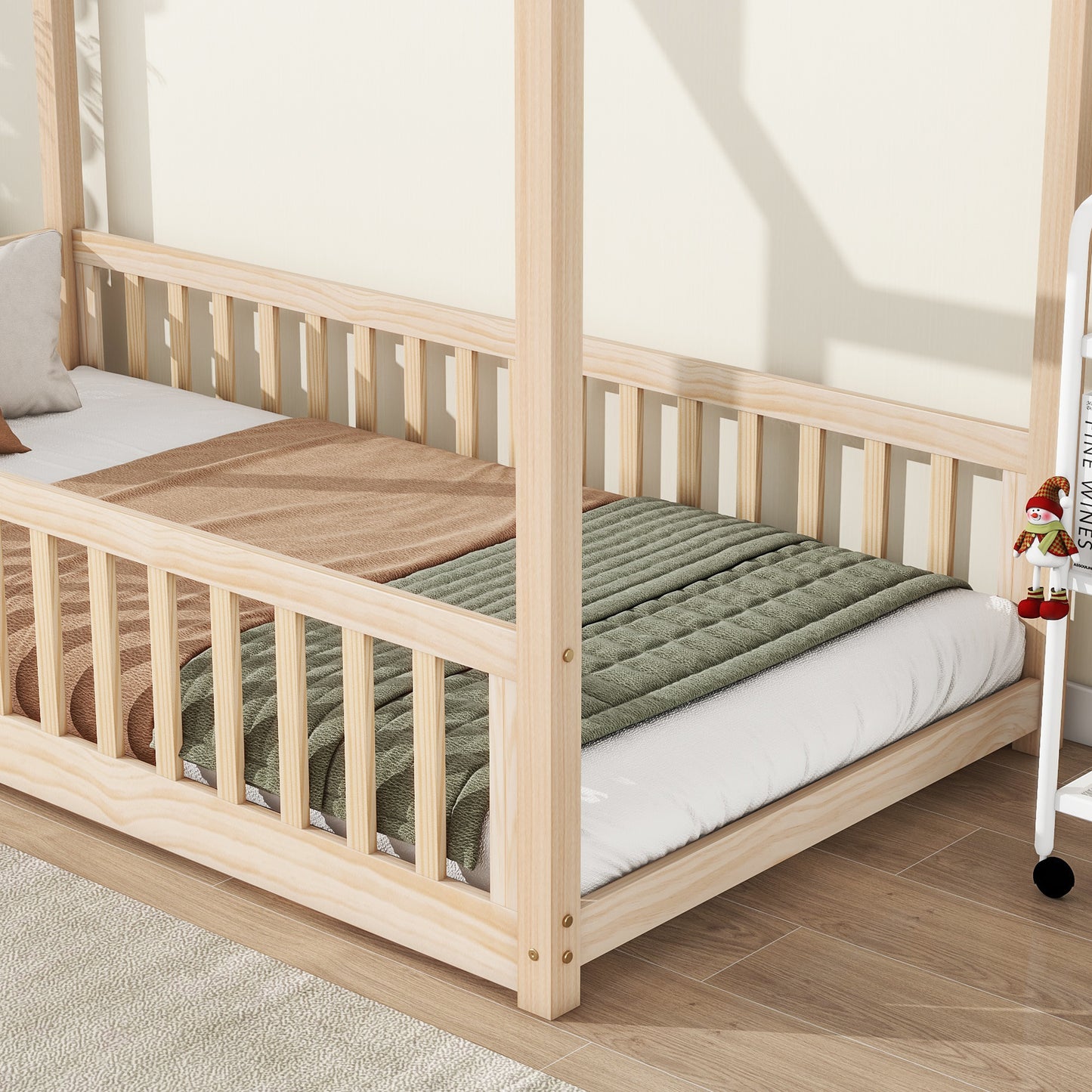 Twin House Bed with Guardrails, Slats ,Natural