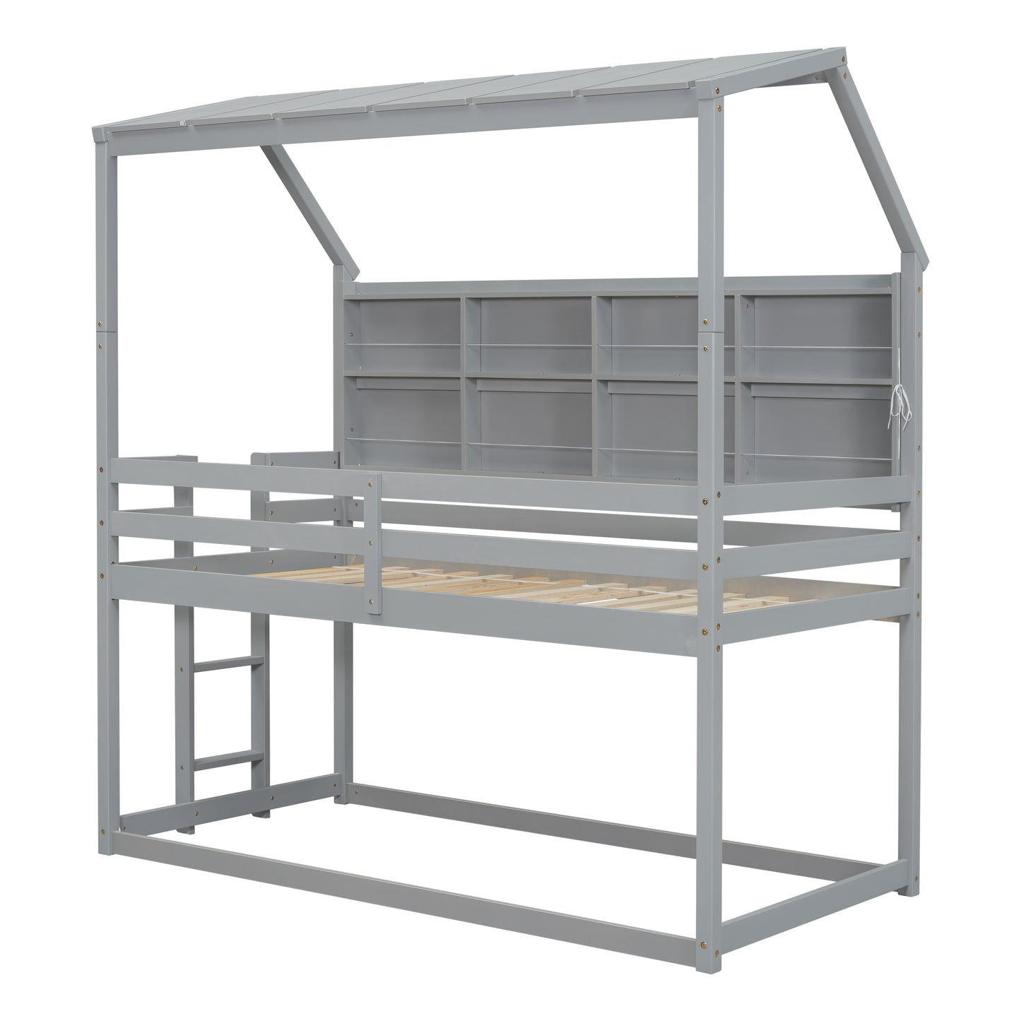 Twin House Loft Bed with Guardrails, Semi-enclosed Roof, Bedside Shelves and Ladder, Grey