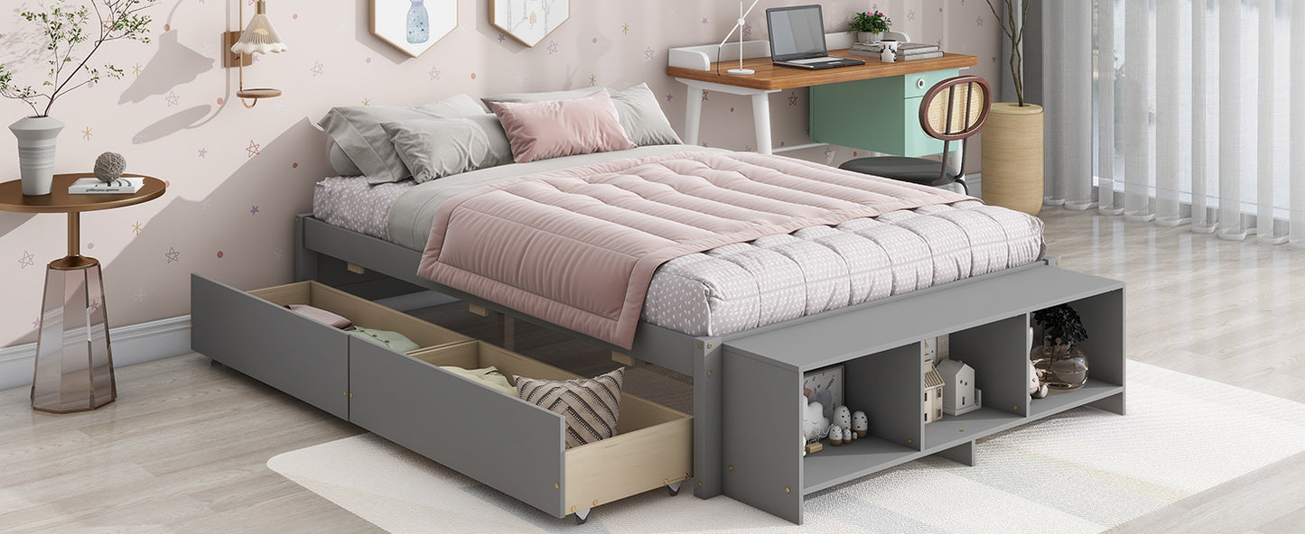 Full Size Bed with Storage Case, 2 Storage drawers, Lengthwise Support Slat,Grey