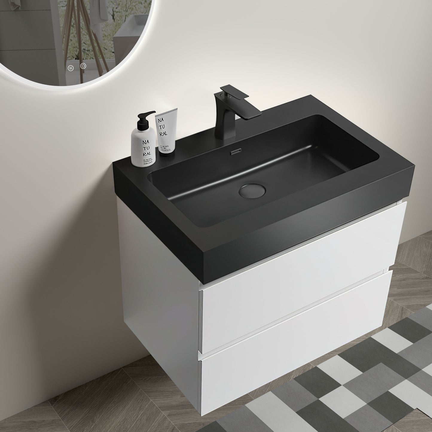 Alice 24" White Bathroom Vanity with Sink, Large Storage Wall Mounted Floating Bathroom Vanity for Modern Bathroom, One-Piece Black Sink Basin without Drain and Faucet, Pre-assembled