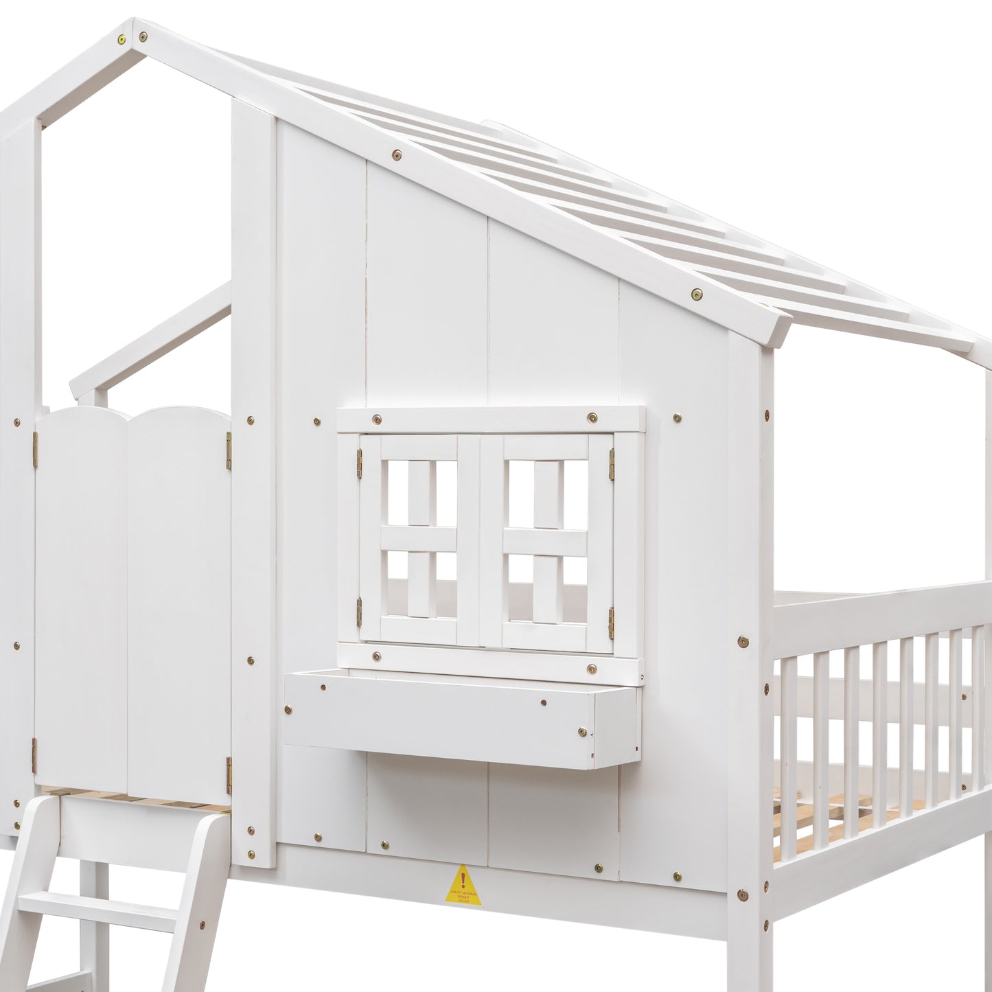 Twin over Twin House Bunk Bed with Roof , Window, Window  Box, Door , with Safety Guardrails and Ladder,White