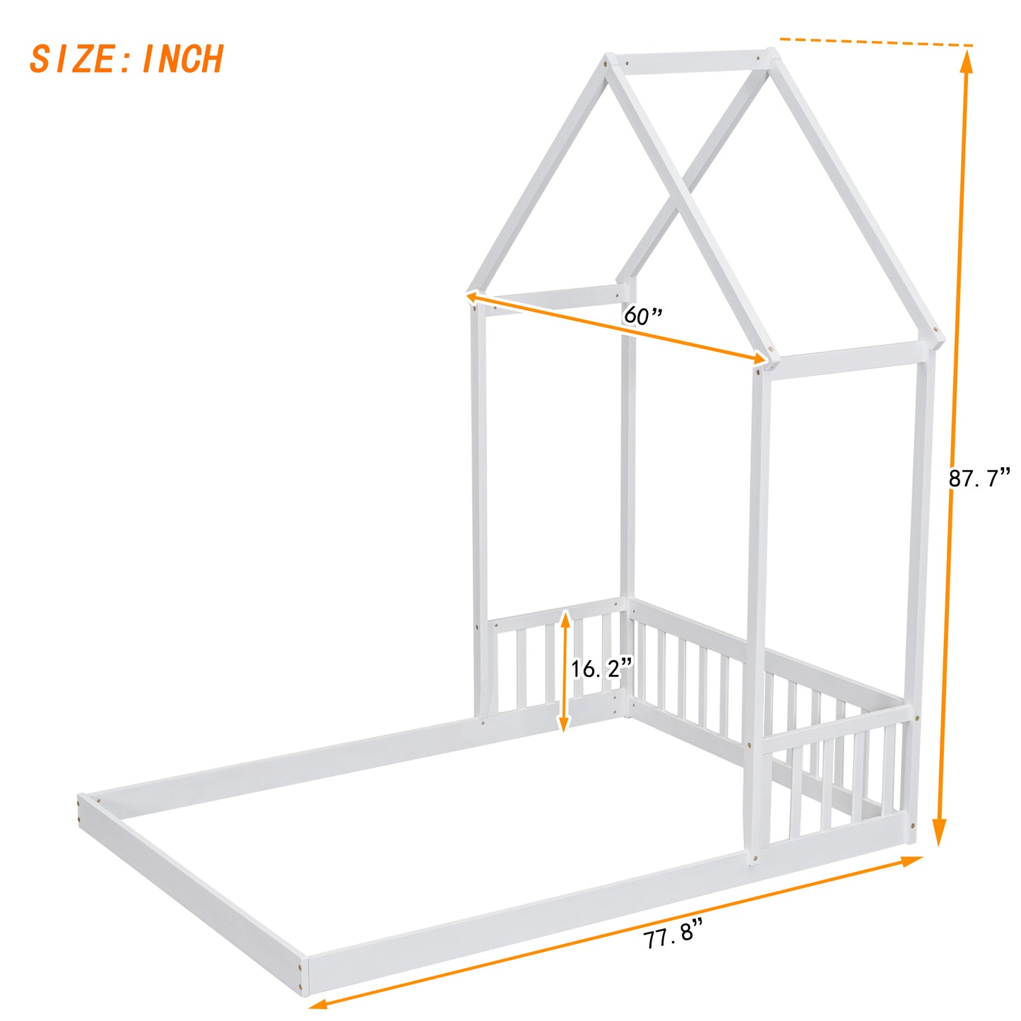 Full Roof-framed Headboard Floor Bed with Headboard Guardrails, without Slats White