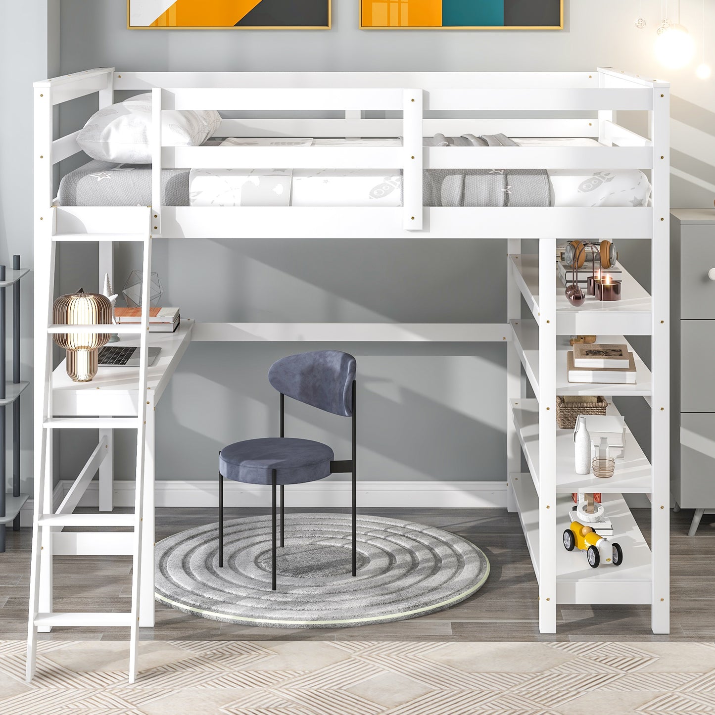 Loft Bed Full with desk,ladder,shelves , White