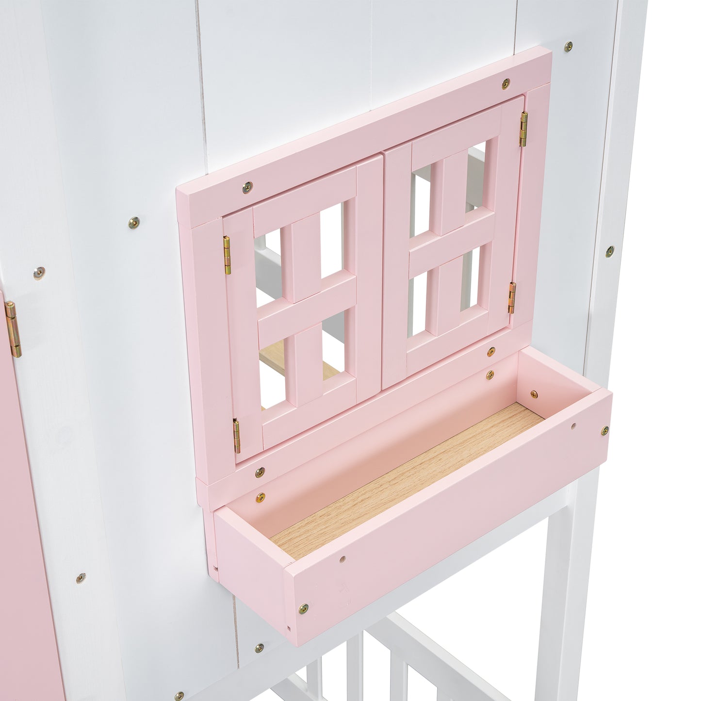 Twin over Twin House Bunk Bed with Roof , Window, Window  Box, Door , with Safety Guardrails and Ladder, Pink/White