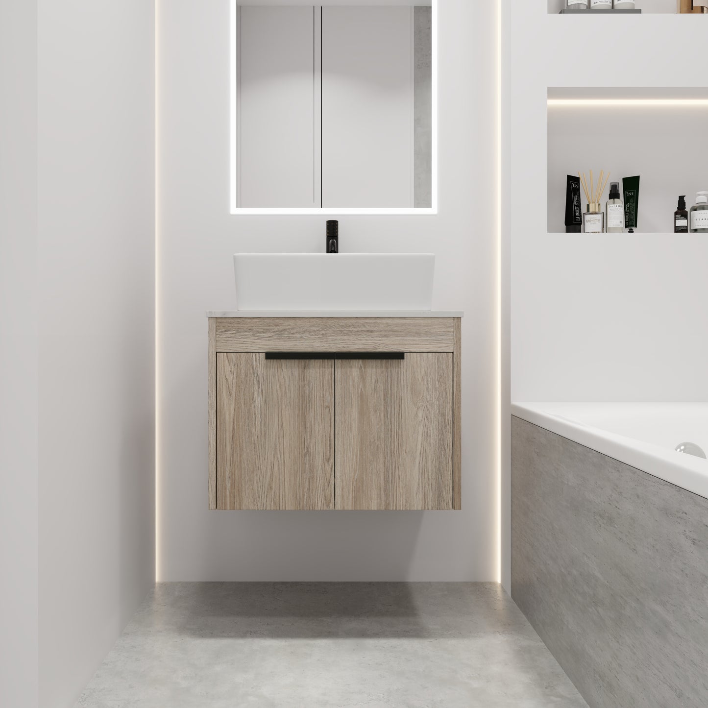 24 " Modern Design Float Bathroom Vanity With Ceramic Basin Set,  Wall Mounted White Oak Vanity  With Soft Close Door,KD-Packing,KD-Packing,2 Pieces Parcel(TOP-BAB110MOWH)