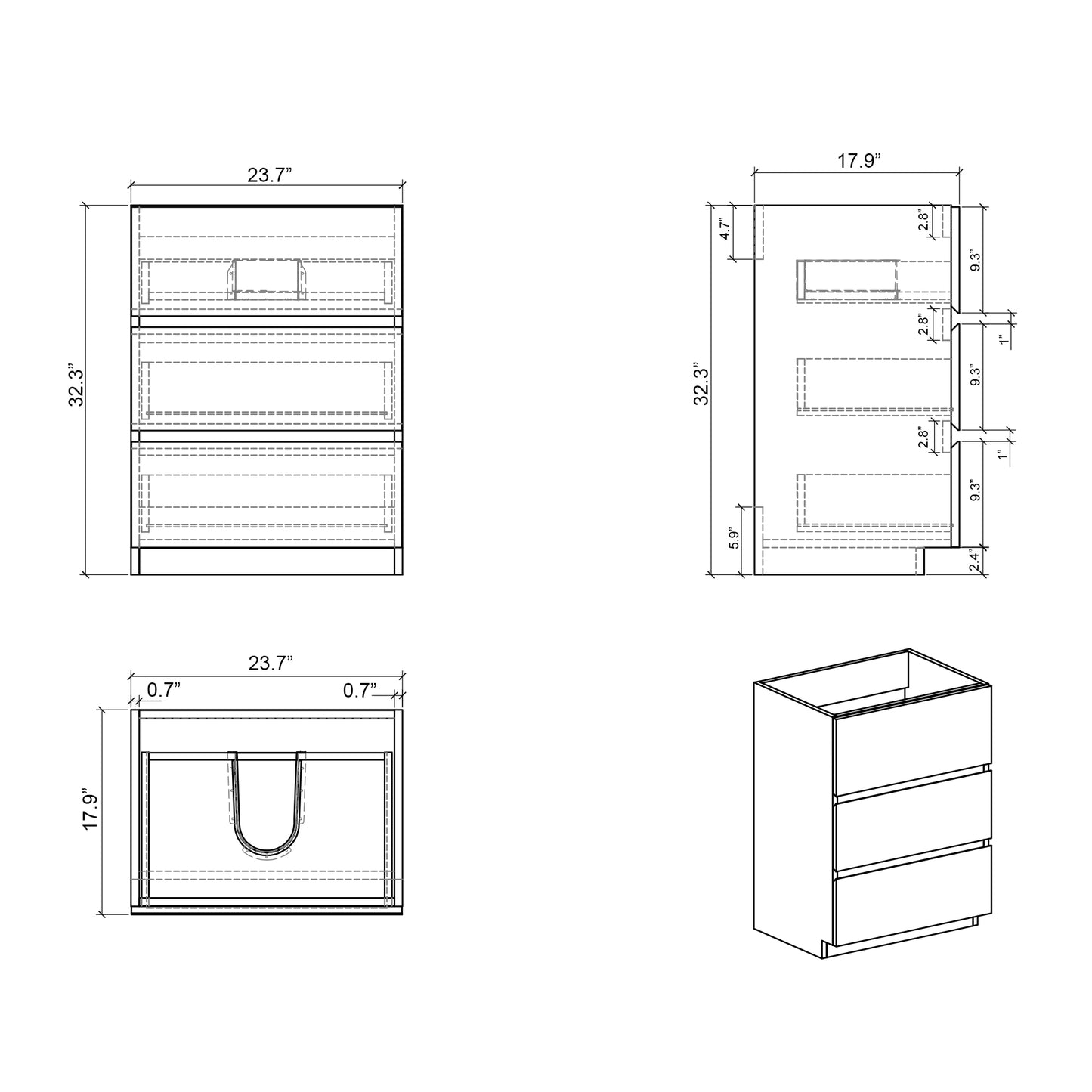 Alice-24F-102,Floor cabinet WITHOUT basin, Gray color, With three drawers, Pre-assembled